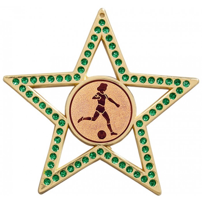 75MM FEMALE FOOTBALL STAR MEDAL -  GREEN- GOLD, SILVER & BRONZE